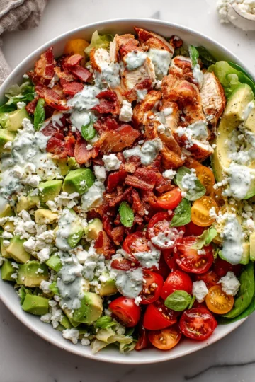 Avocado chicken bacon chopped salad with creamy basil dressing, perfect for holiday gatherings, featuring fresh ingredients and vibrant colors.