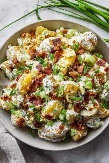 Creamy Bacon Ranch Potato Salad with Yukon Gold potatoes and crispy bacon, perfect for holiday celebrations and gatherings