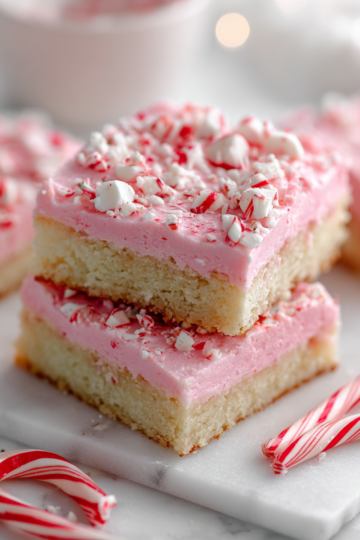 Frosted peppermint sugar cookie bars topped with candy canes, festive treat for holidays, easy baking recipe.