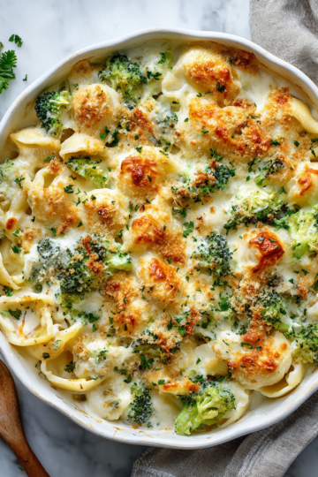 Cheesy Chicken Broccoli Shells casserole, a creamy and comforting dish, perfect for winter meals and family gatherings.