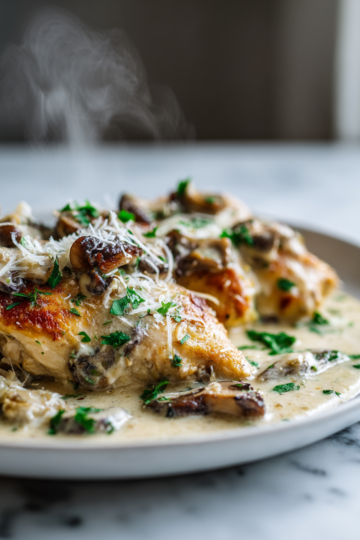 Delicious creamy garlic mushroom chicken recipe featuring tender chicken, mushrooms, and a rich sauce ready in just 30 minutes.