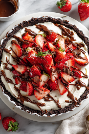 No-bake chocolate strawberries and cream pie with a crunchy crust and fresh strawberry topping