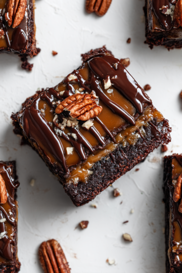 Delicious frosted turtle brownies topped with caramel and pecans, perfect for holiday gatherings and warm baking experiences.