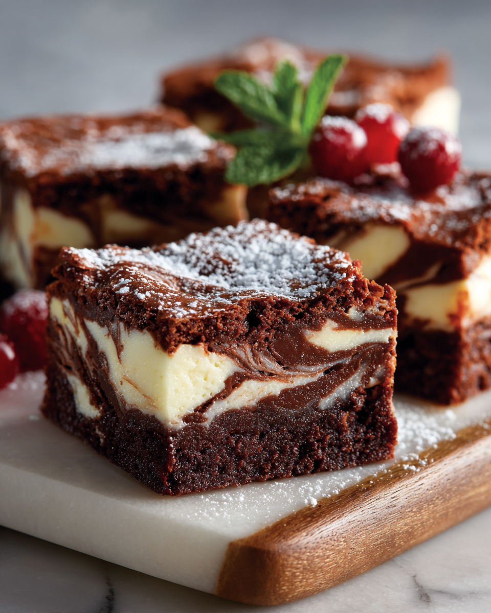 Delicious cream cheese brownies with chocolate, perfect dessert for holidays and gatherings.