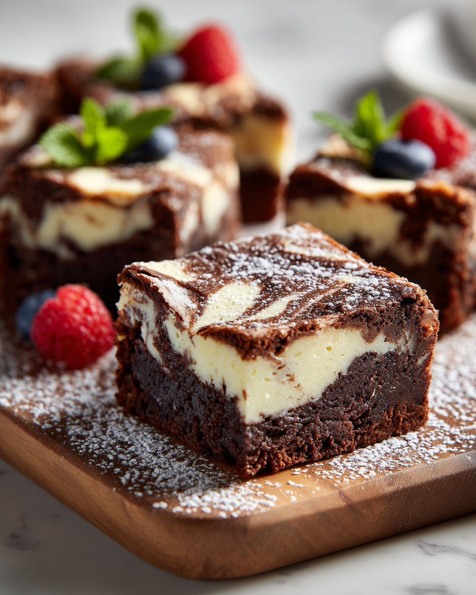 Delicious cream cheese brownies with chocolate, perfect dessert for holidays and gatherings.