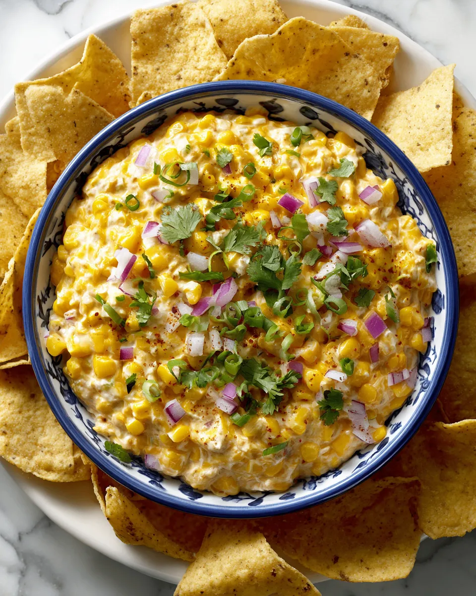 Creamy Corn Dip served with tortilla chips, a perfect appetizer for parties and holidays, easy to make and delicious.