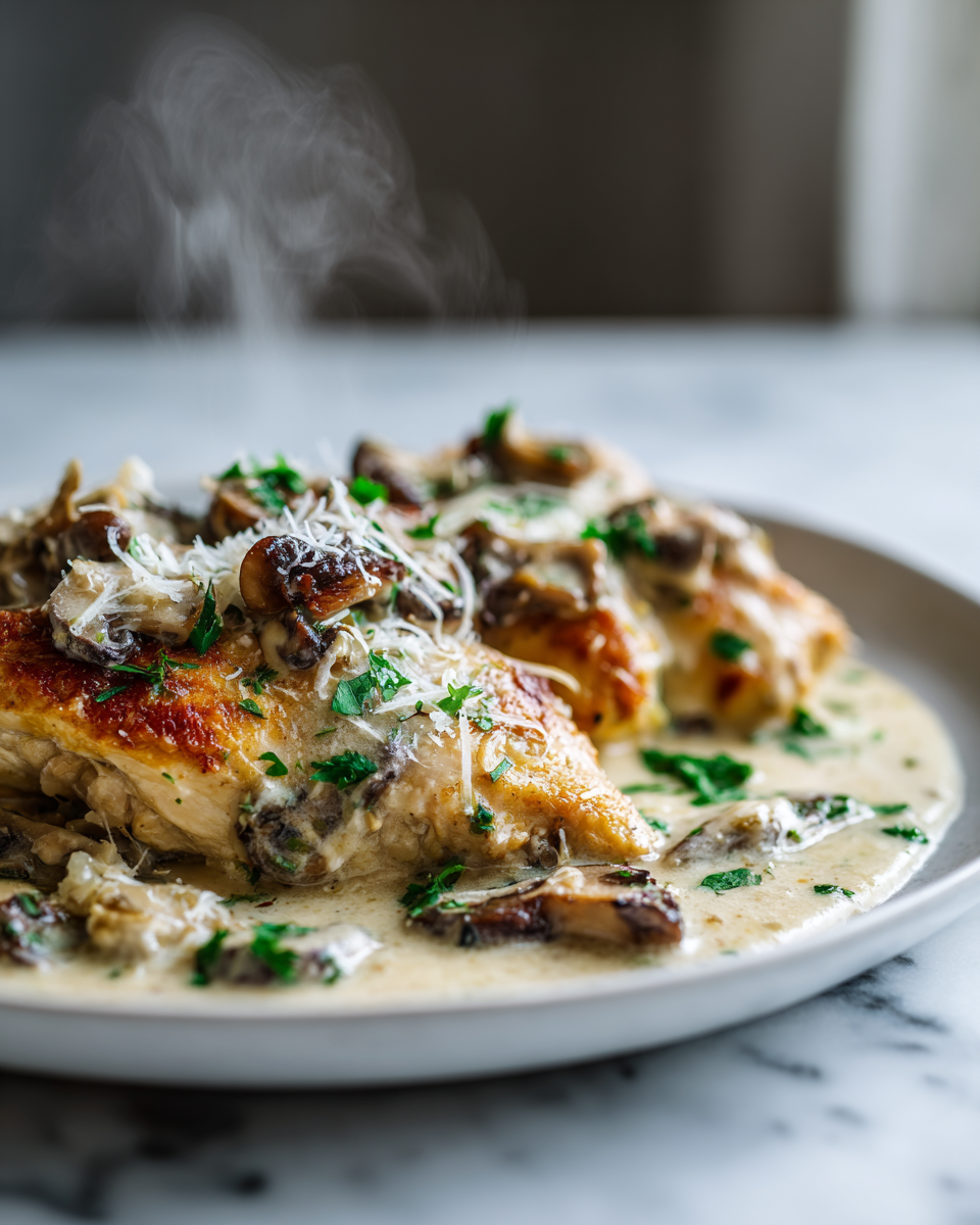 Delicious creamy garlic mushroom chicken recipe featuring tender chicken, mushrooms, and a rich sauce ready in just 30 minutes.