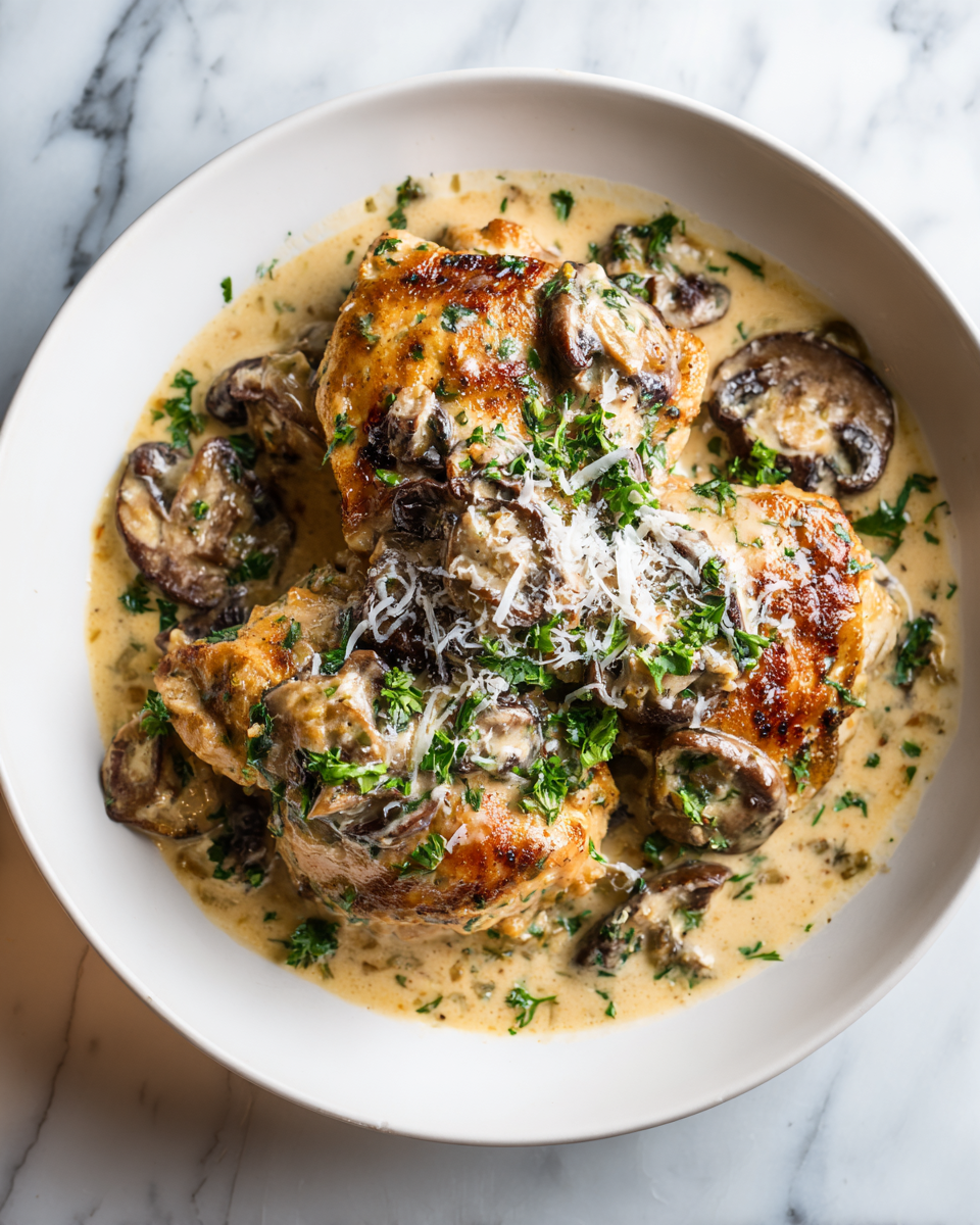 Delicious creamy garlic mushroom chicken recipe featuring tender chicken, mushrooms, and a rich sauce ready in just 30 minutes.