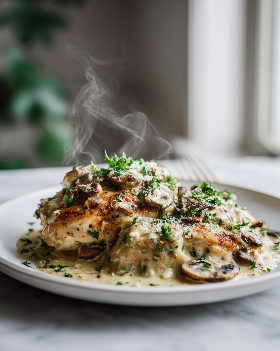 Delicious creamy garlic mushroom chicken recipe featuring tender chicken, mushrooms, and a rich sauce ready in just 30 minutes.