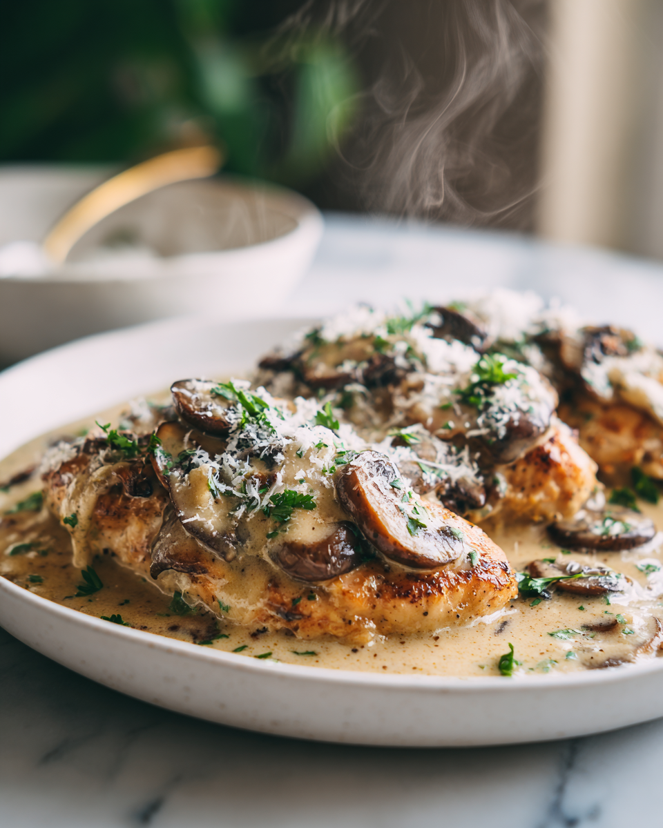 Delicious creamy garlic mushroom chicken recipe featuring tender chicken, mushrooms, and a rich sauce ready in just 30 minutes.