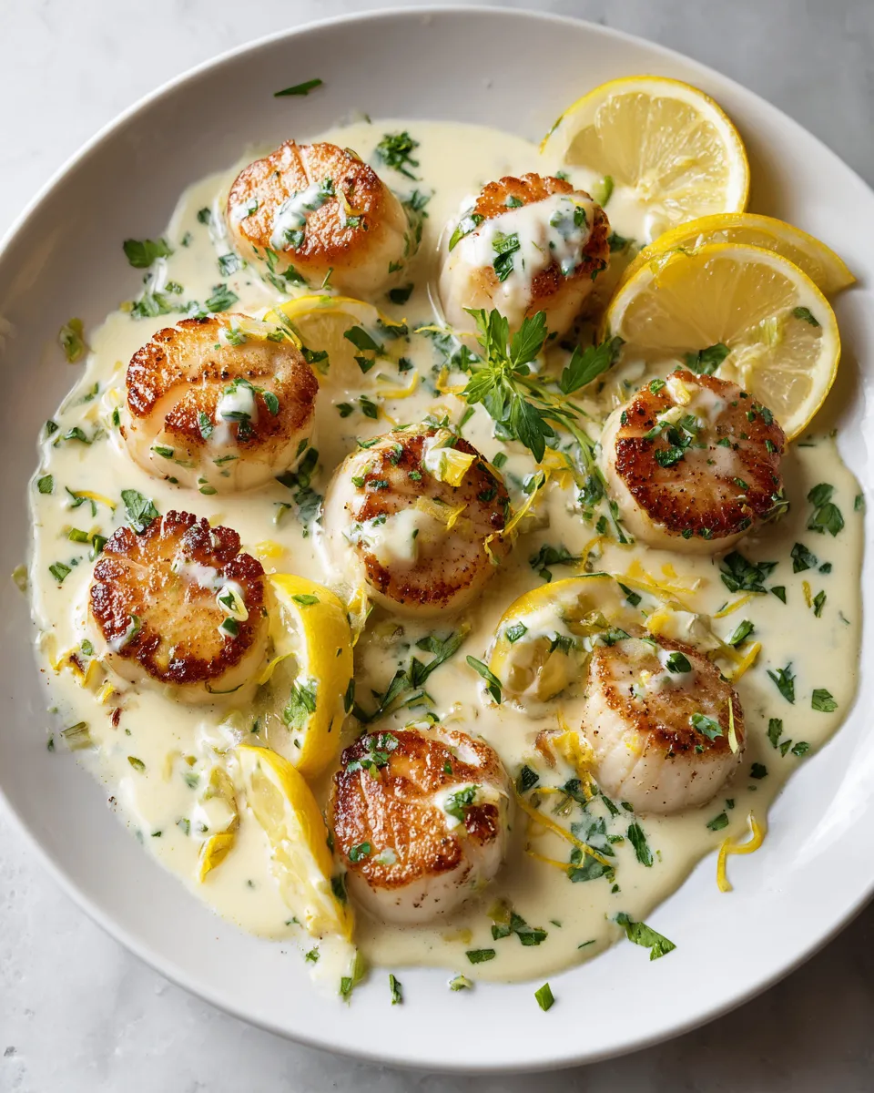 Quick creamy lemon garlic scallops recipe for holiday gatherings, featuring perfectly seared scallops in a rich sauce. Easy, elegant main dish.