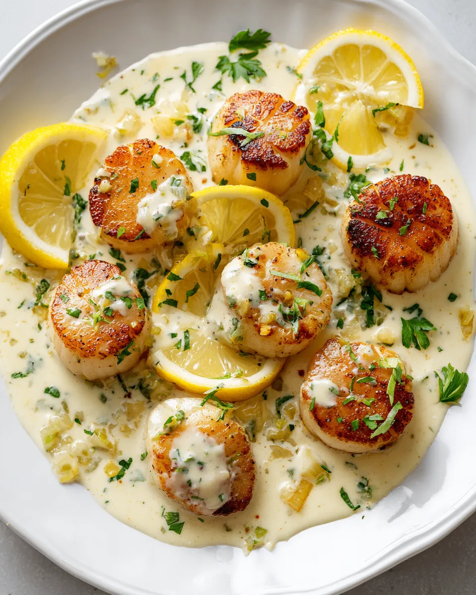 Quick creamy lemon garlic scallops recipe for holiday gatherings, featuring perfectly seared scallops in a rich sauce. Easy, elegant main dish.