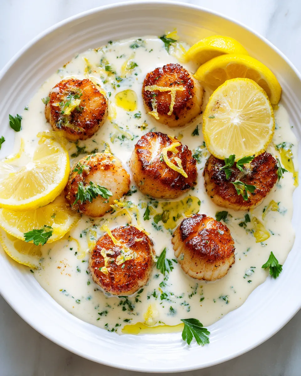 Quick creamy lemon garlic scallops recipe for holiday gatherings, featuring perfectly seared scallops in a rich sauce. Easy, elegant main dish.
