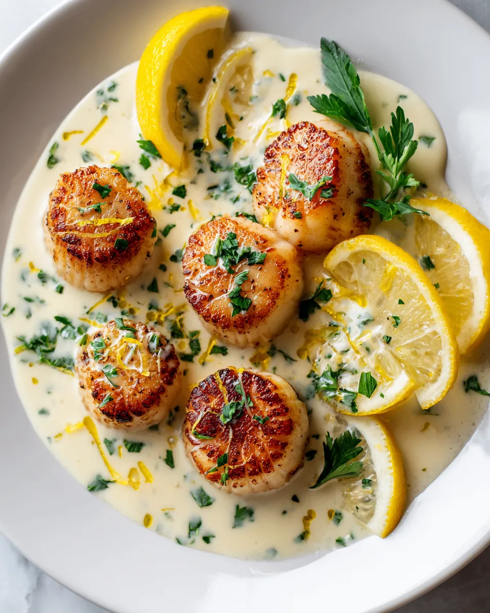 Quick creamy lemon garlic scallops recipe for holiday gatherings, featuring perfectly seared scallops in a rich sauce. Easy, elegant main dish.