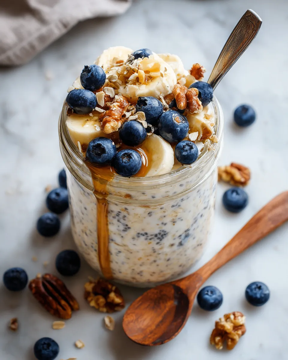 Creamy overnight oats with chia seeds, topped with fresh fruit, nutritious and quick breakfast option