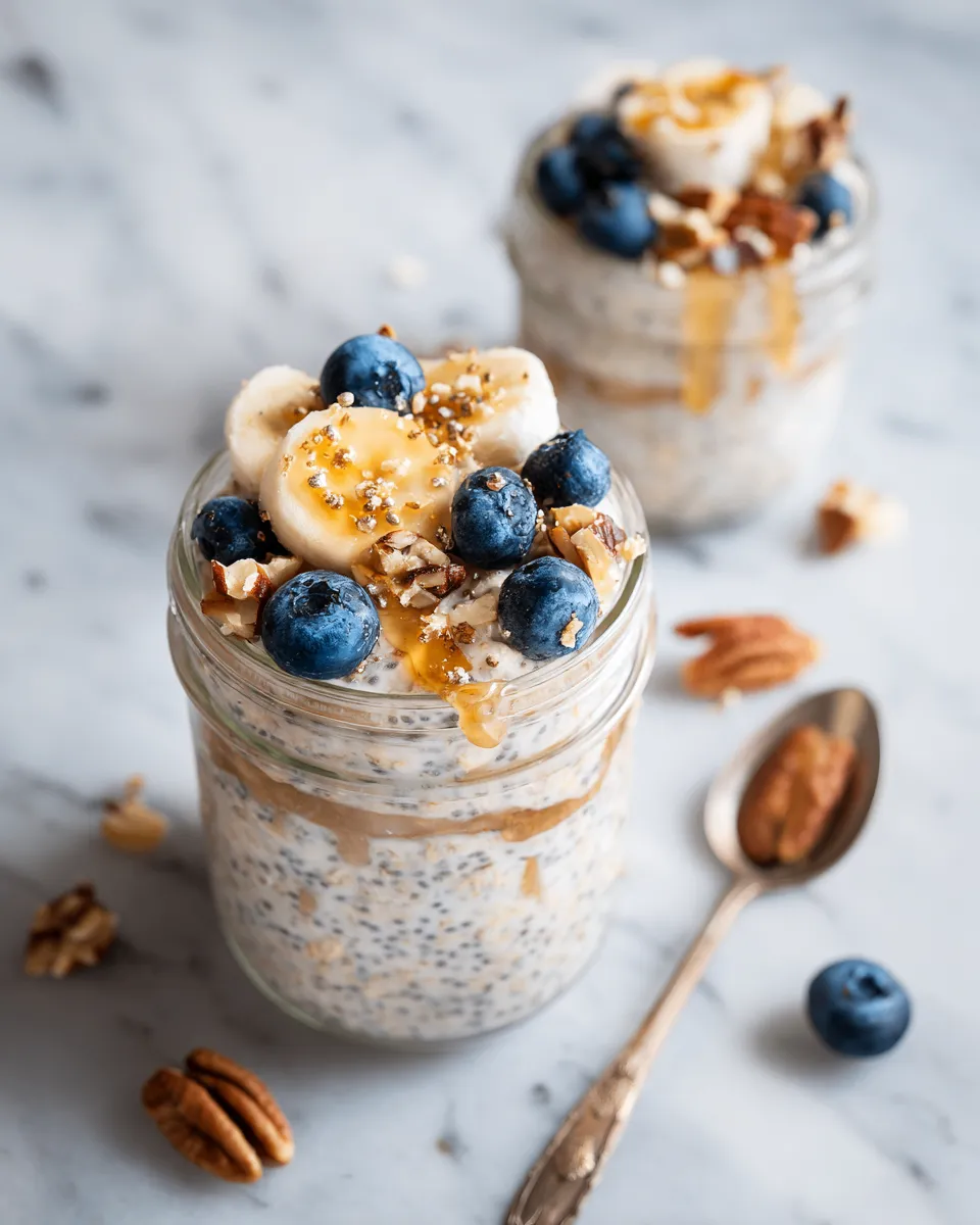 Creamy overnight oats with chia seeds, topped with fresh fruit, nutritious and quick breakfast option