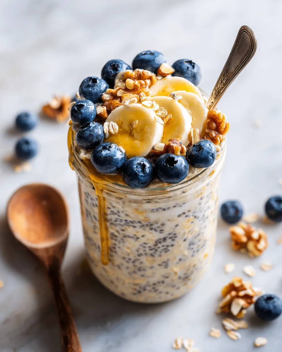 Creamy overnight oats with chia seeds, topped with fresh fruit, nutritious and quick breakfast option