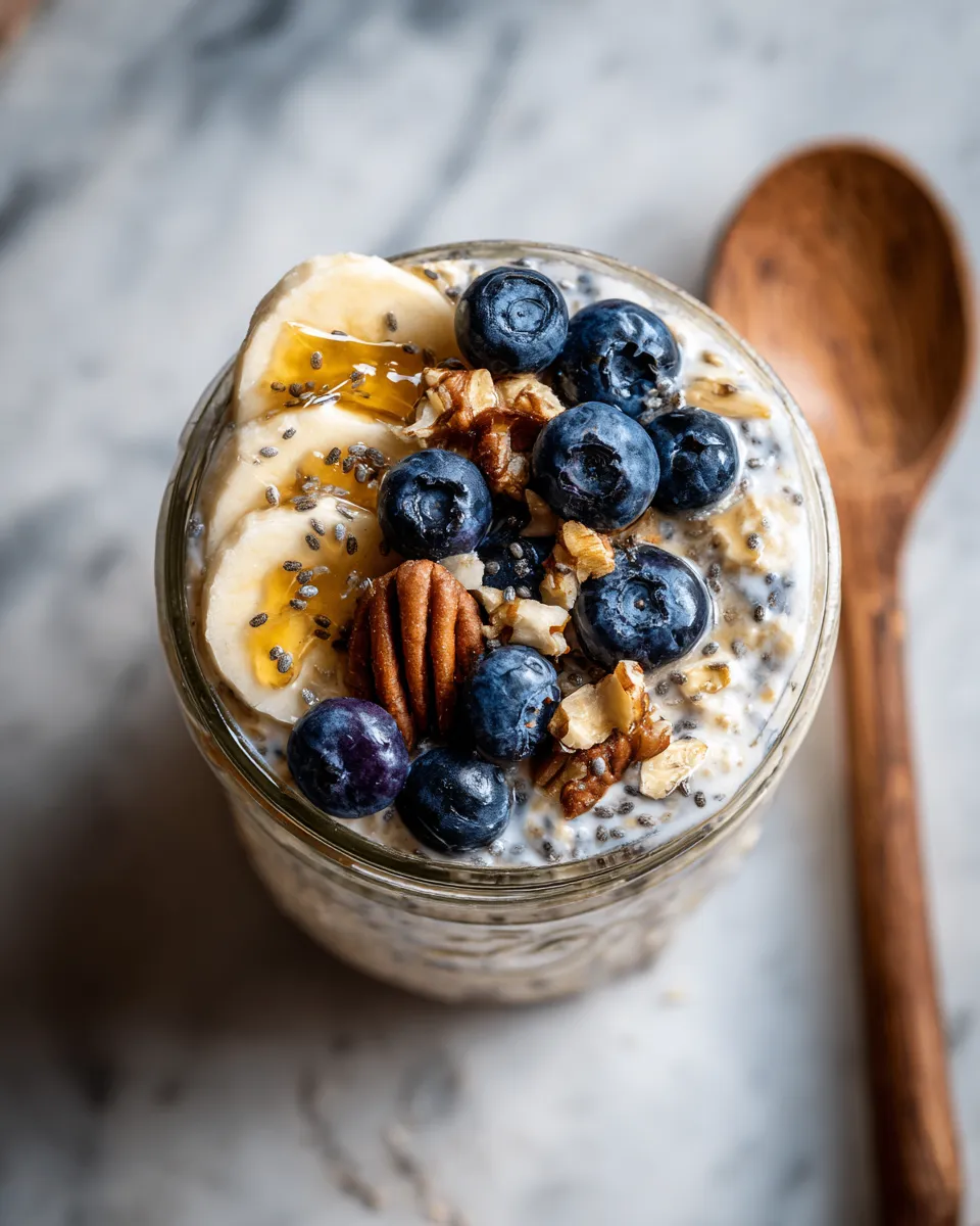 Creamy overnight oats with chia seeds, topped with fresh fruit, nutritious and quick breakfast option
