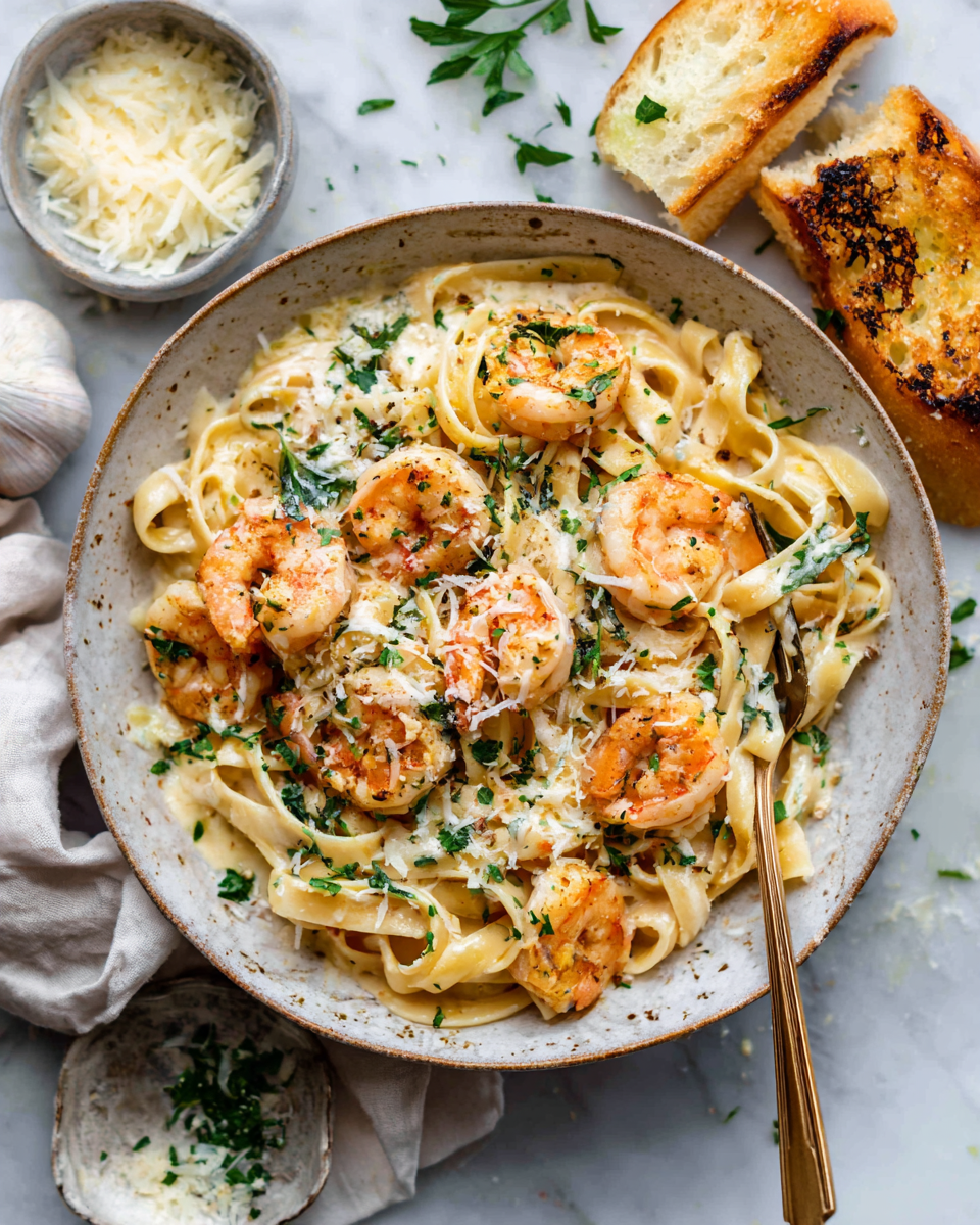 Creamy Parmesan Garlic Shrimp Pasta garnished with parsley, an elegant and comforting dish perfect for festive gatherings, ready in 30 minutes.