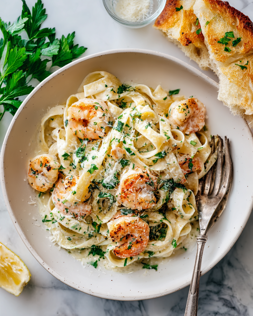 Creamy Parmesan Garlic Shrimp Pasta garnished with parsley, an elegant and comforting dish perfect for festive gatherings, ready in 30 minutes.