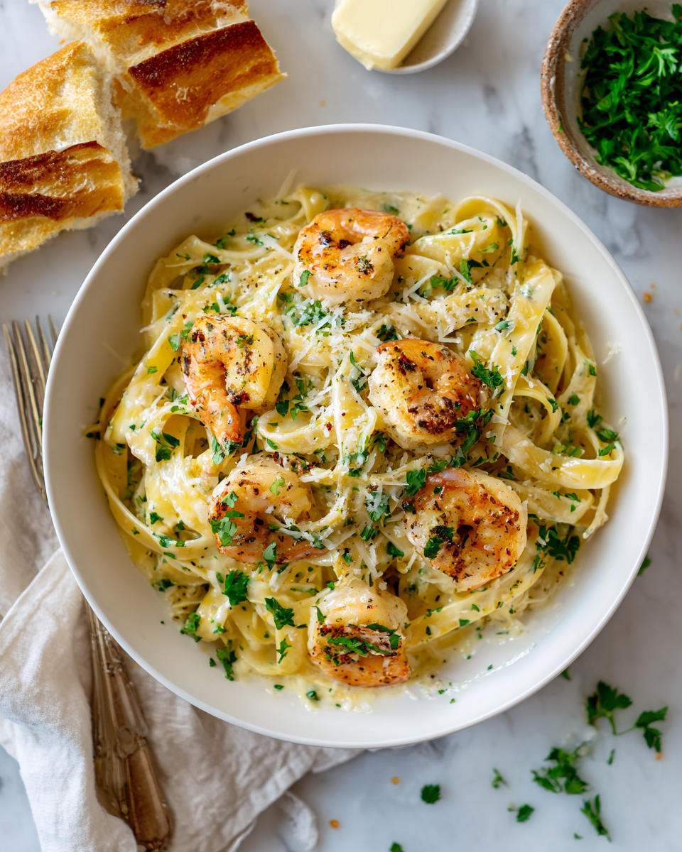 Creamy Parmesan Garlic Shrimp Pasta garnished with parsley, an elegant and comforting dish perfect for festive gatherings, ready in 30 minutes.