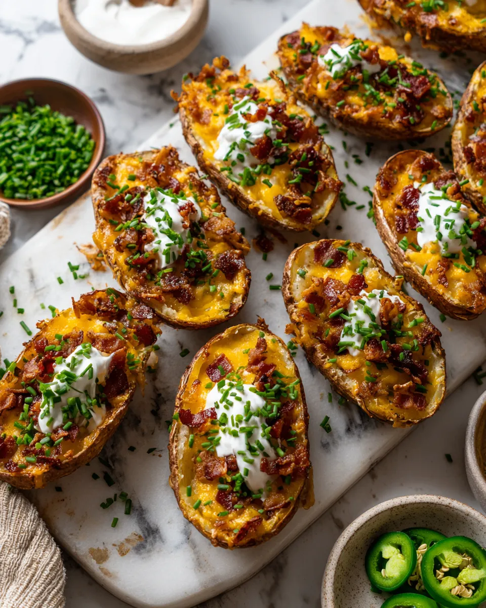 Crispy potato skins topped with cheese and bacon for a perfect appetizer during holiday gatherings