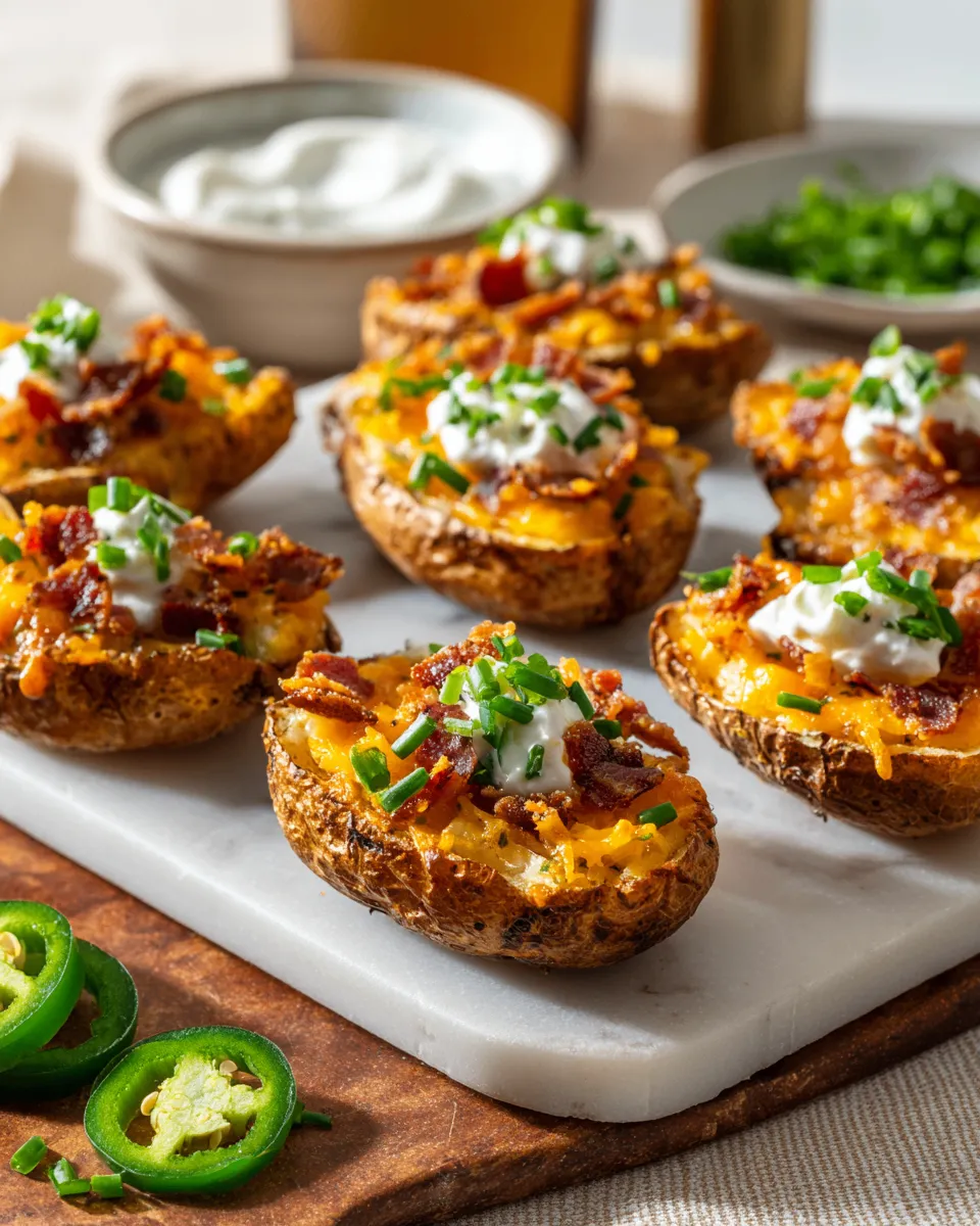 Crispy potato skins topped with cheese and bacon for a perfect appetizer during holiday gatherings
