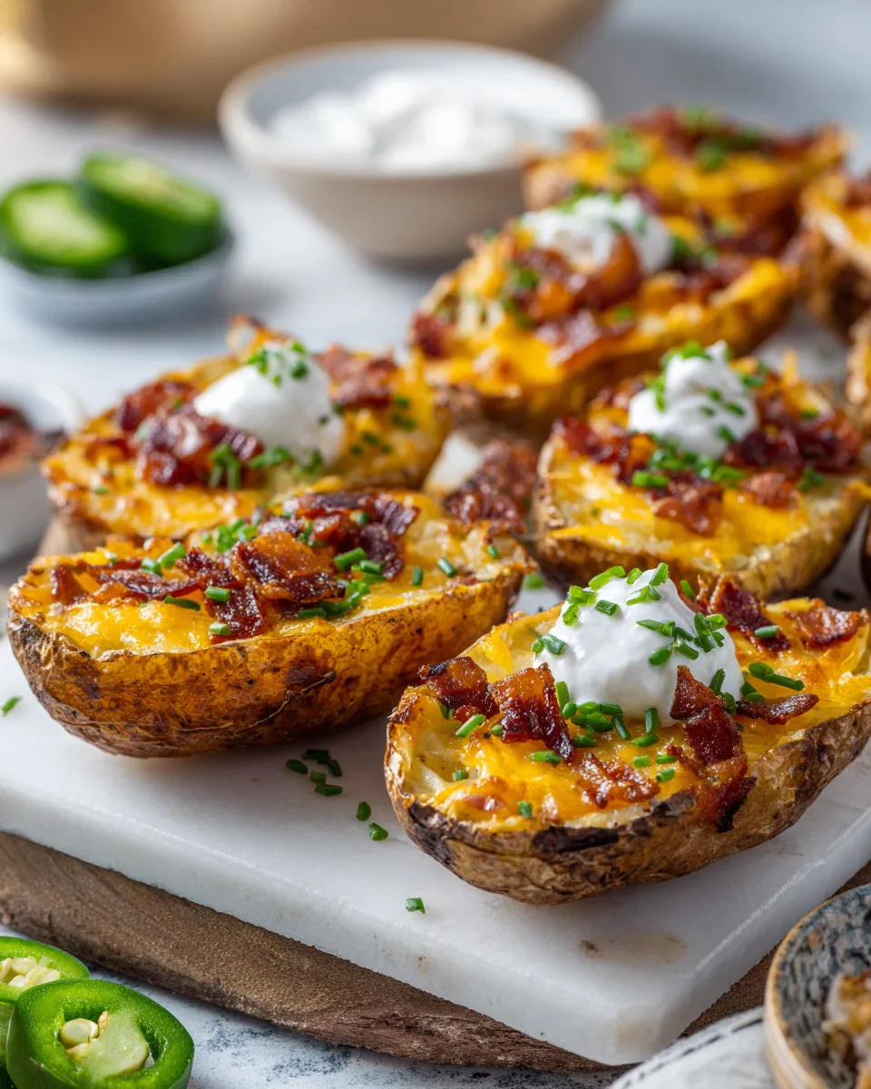 Crispy potato skins topped with cheese and bacon for a perfect appetizer during holiday gatherings