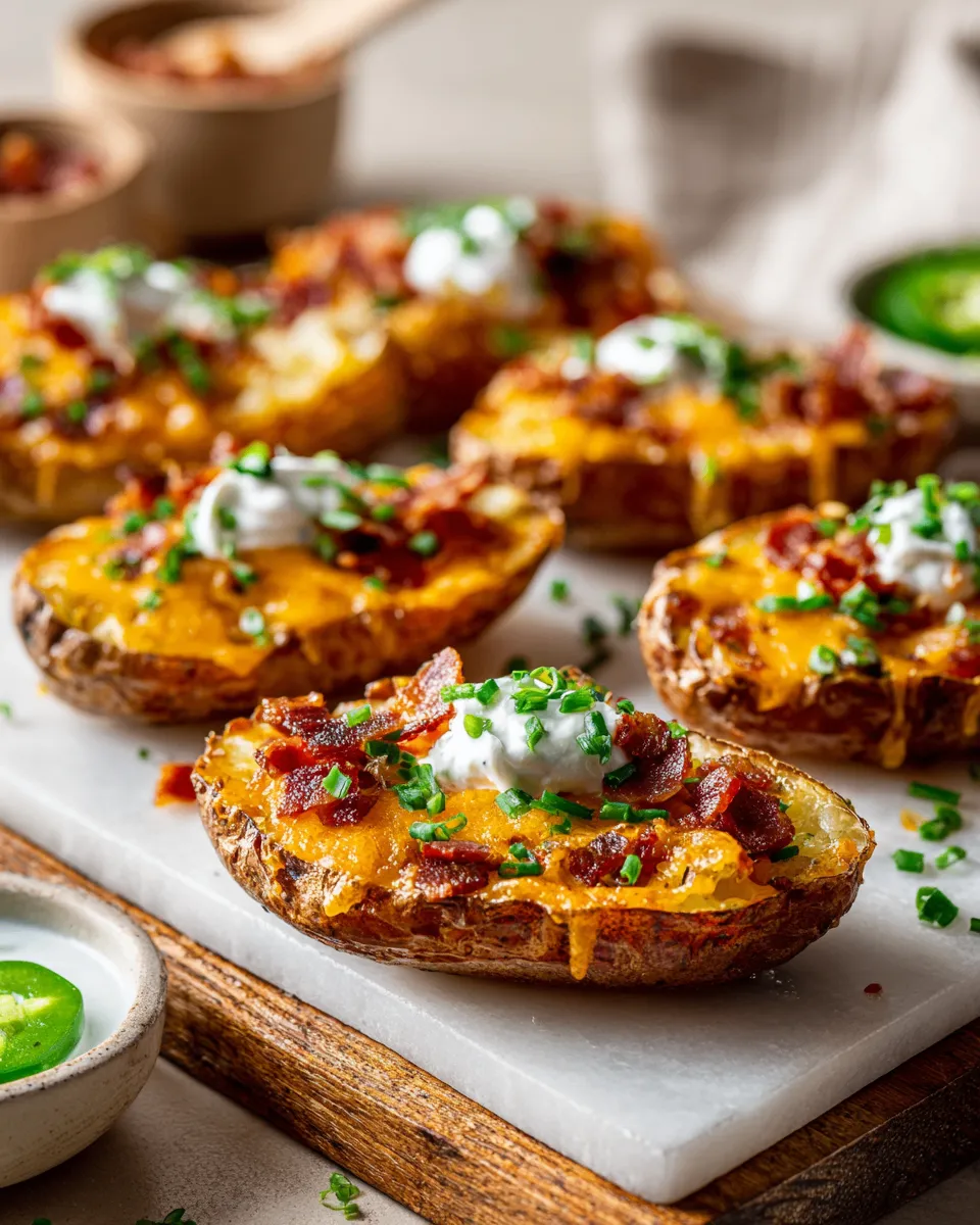 Crispy potato skins topped with cheese and bacon for a perfect appetizer during holiday gatherings