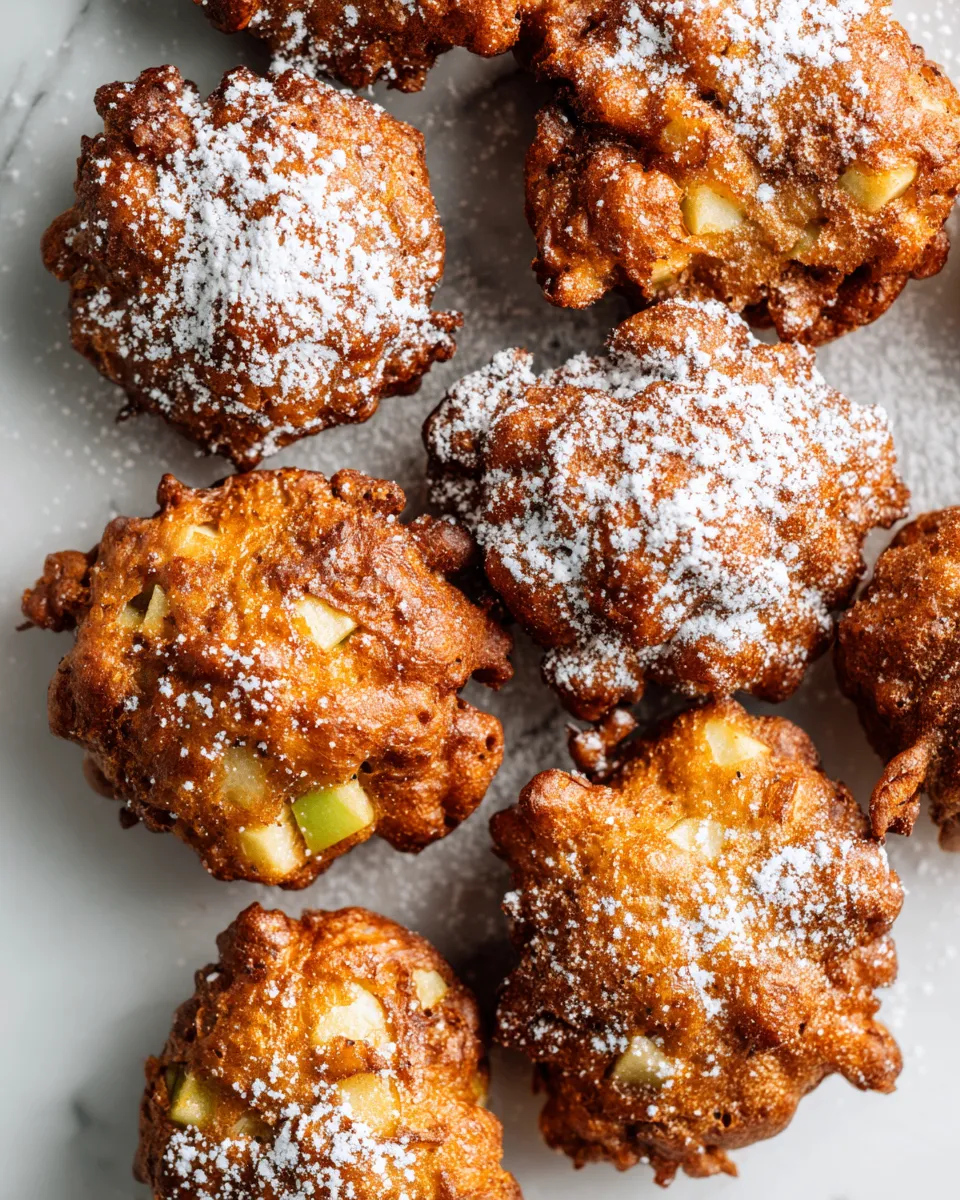 Warm apple fritters with powdered sugar dusting, perfect autumn treat, easy recipe for holiday gatherings, crispy and comforting, homemade dessert