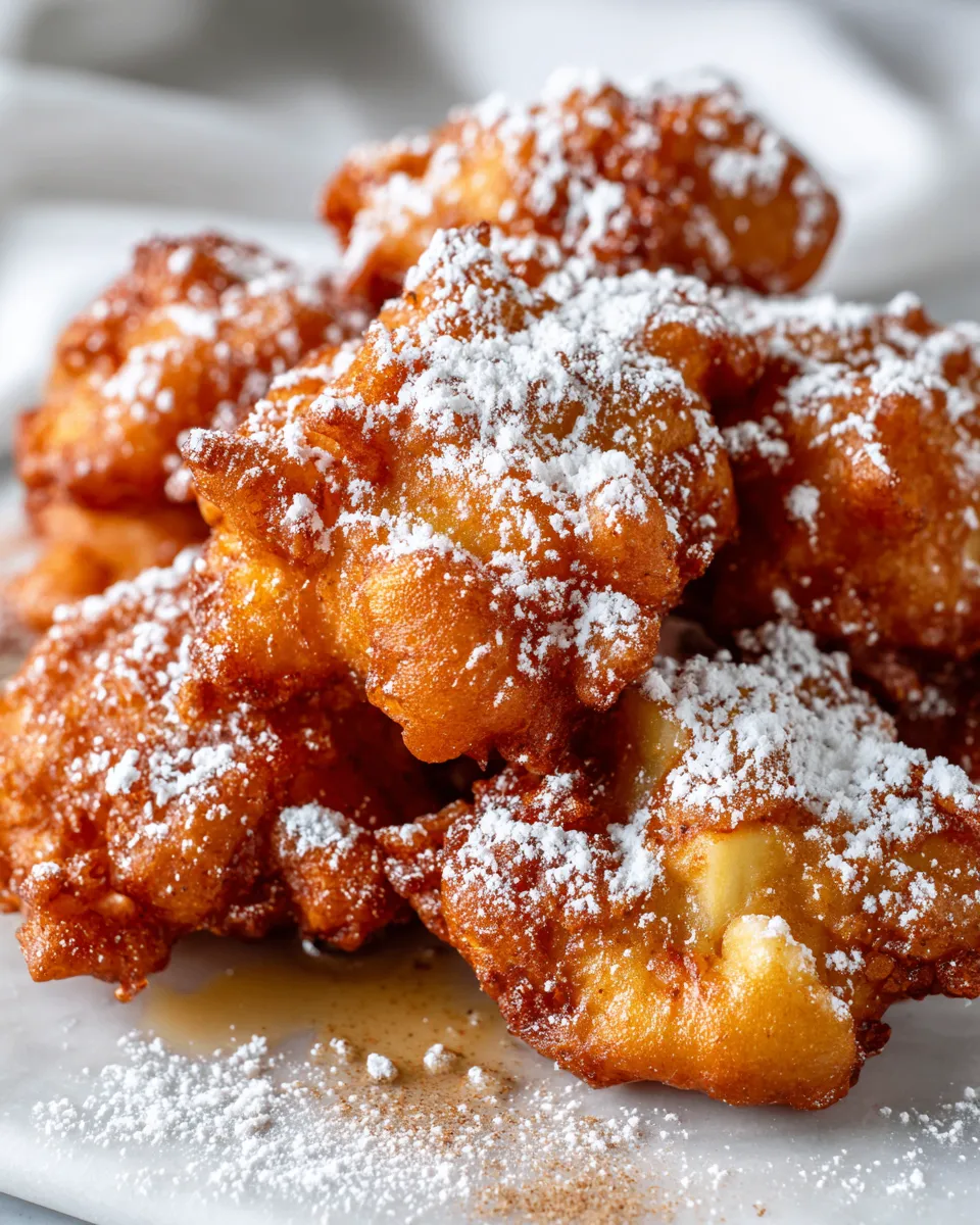 Warm apple fritters with powdered sugar dusting, perfect autumn treat, easy recipe for holiday gatherings, crispy and comforting, homemade dessert