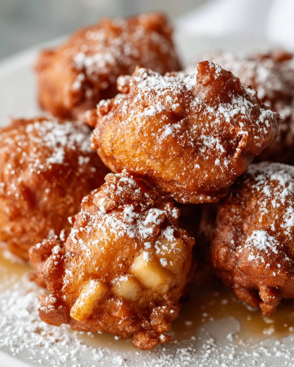 Warm apple fritters with powdered sugar dusting, perfect autumn treat, easy recipe for holiday gatherings, crispy and comforting, homemade dessert