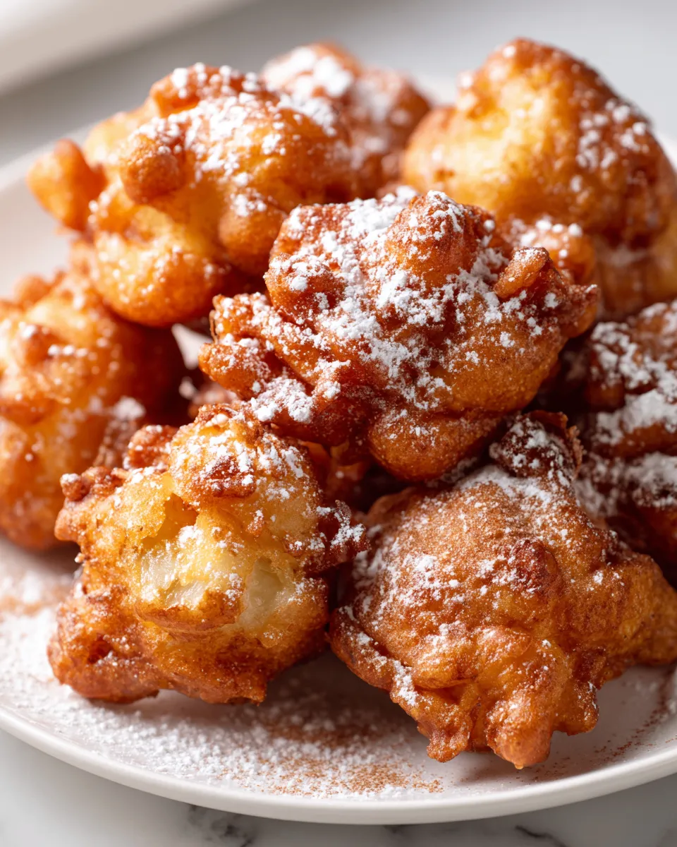 Warm apple fritters with powdered sugar dusting, perfect autumn treat, easy recipe for holiday gatherings, crispy and comforting, homemade dessert