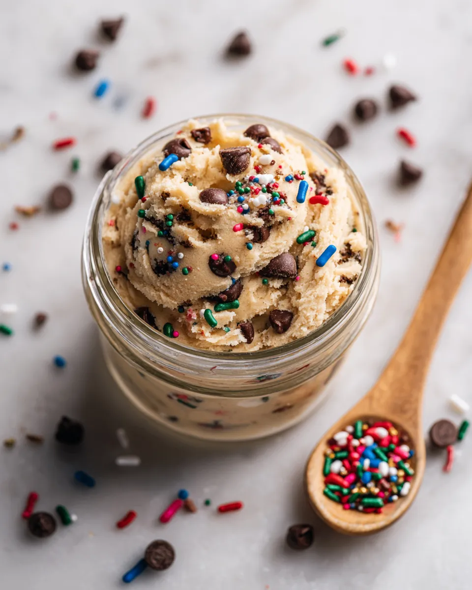 Delicious edible cookie dough recipe perfect for holiday treats, safe to eat, quick and easy to prepare, no-bake dessert for festive gatherings.