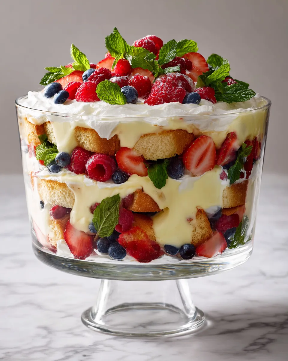 English trifle dessert with layers of sponge cake, custard, fruits, and whipped cream-perfect for holiday celebrations