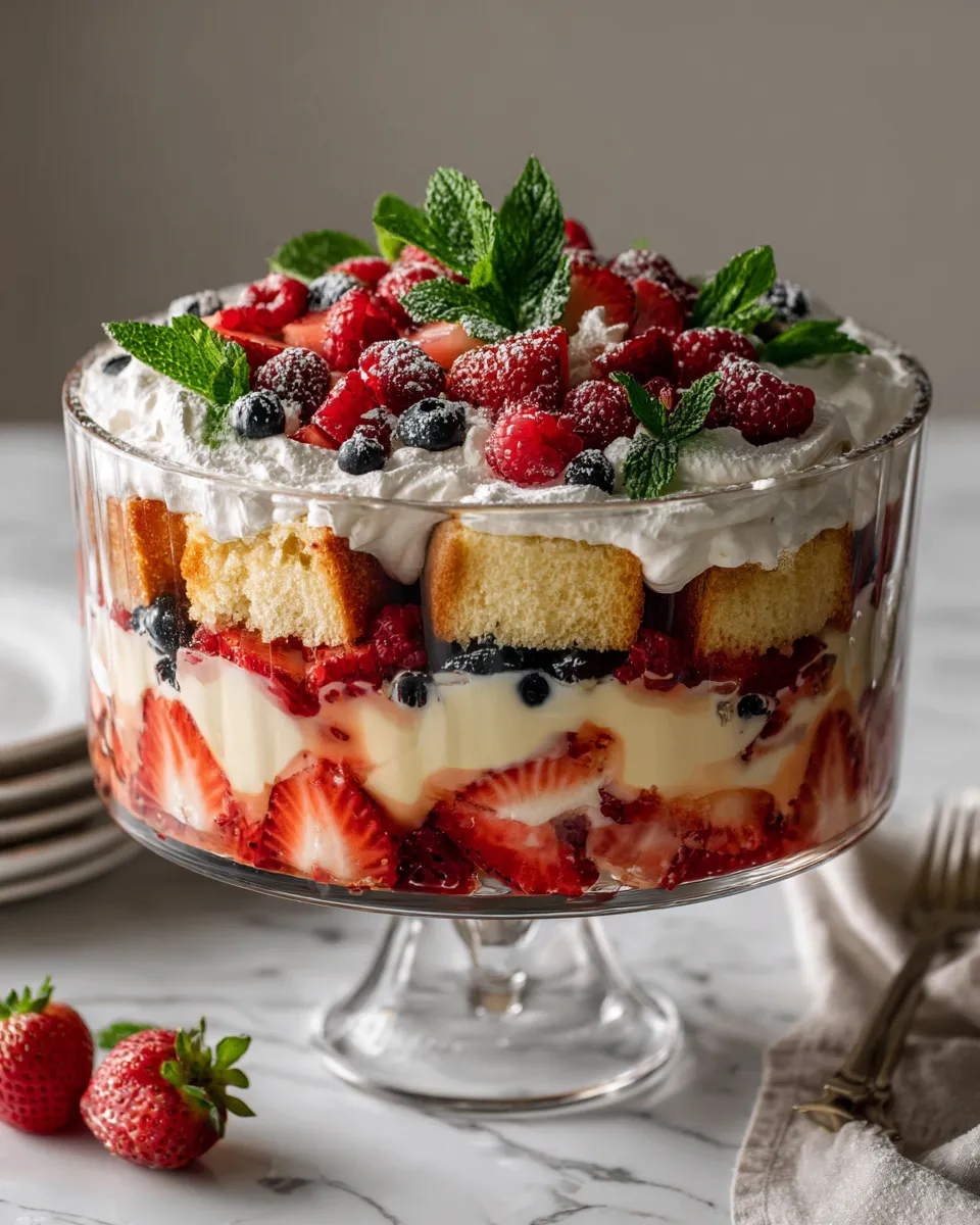 English trifle dessert with layers of sponge cake, custard, fruits, and whipped cream-perfect for holiday celebrations