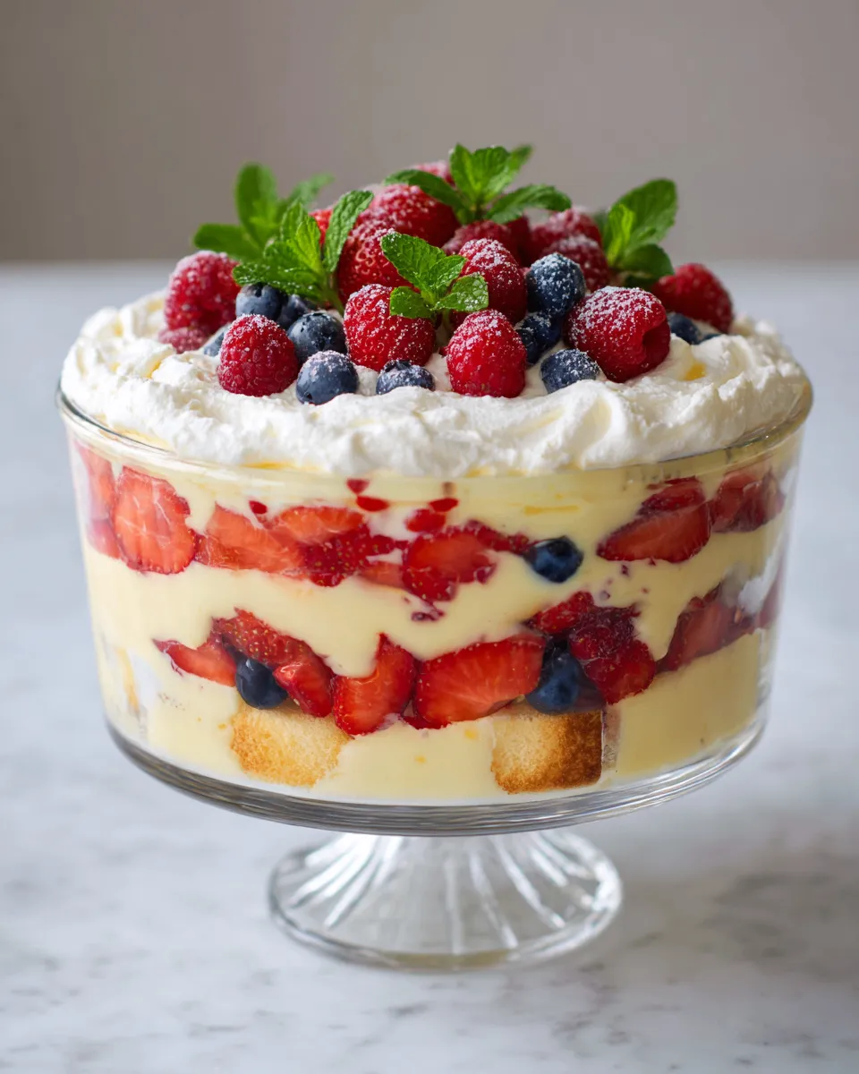 English trifle dessert with layers of sponge cake, custard, fruits, and whipped cream-perfect for holiday celebrations