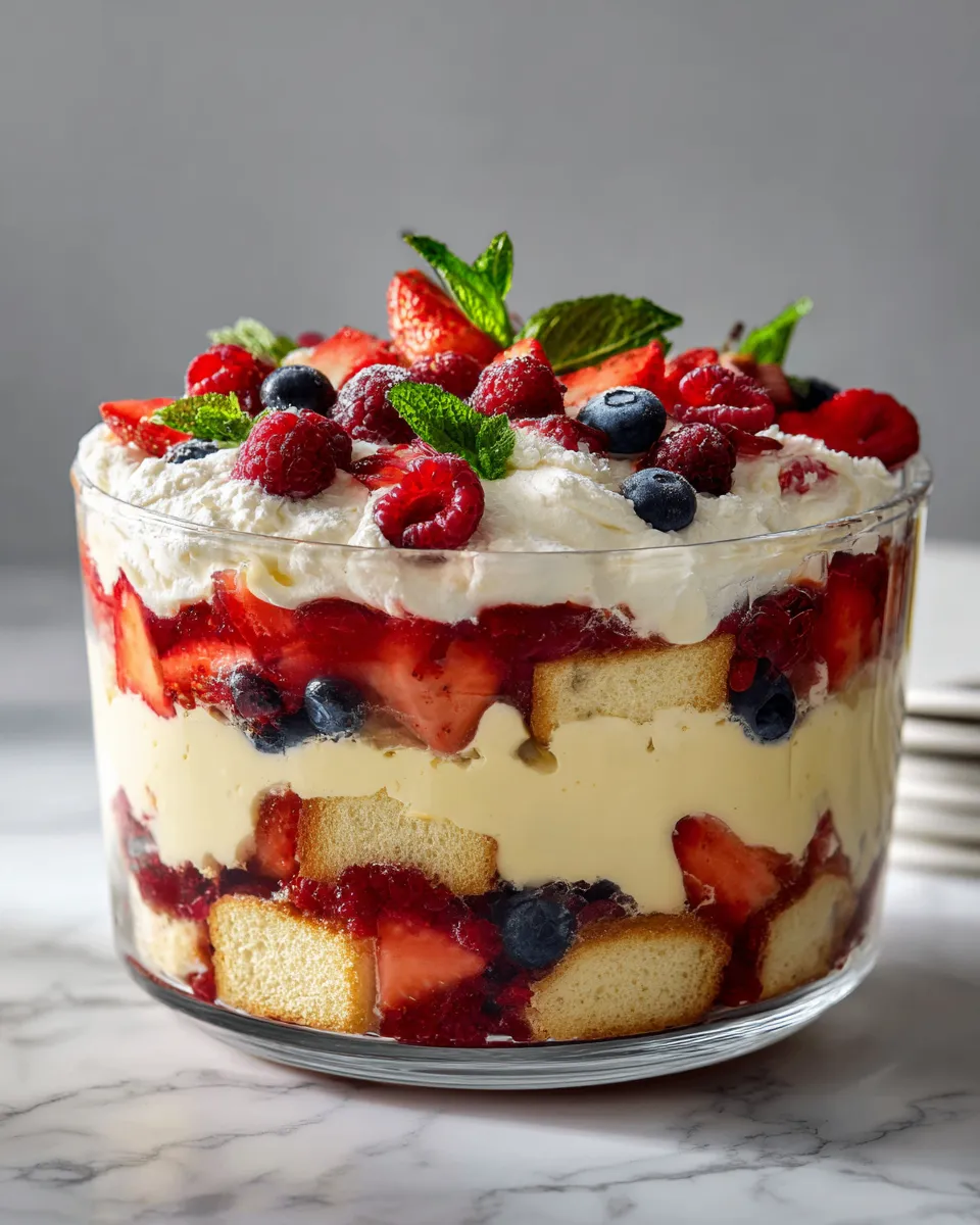 English trifle dessert with layers of sponge cake, custard, fruits, and whipped cream-perfect for holiday celebrations