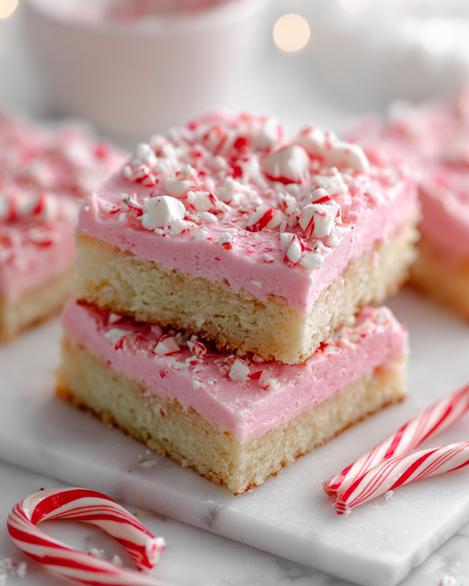 Frosted peppermint sugar cookie bars topped with candy canes, festive treat for holidays, easy baking recipe.