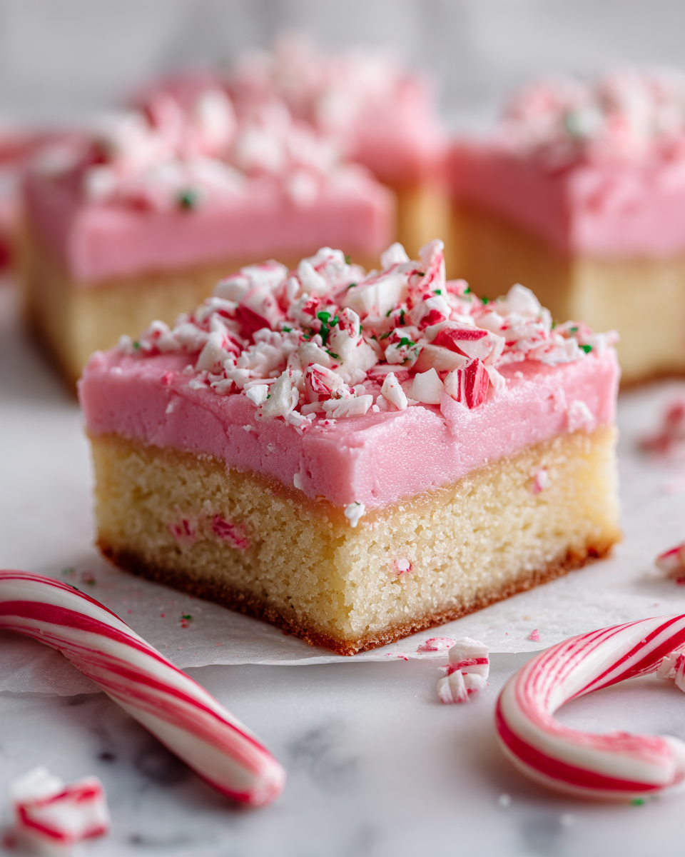Frosted peppermint sugar cookie bars topped with candy canes, festive treat for holidays, easy baking recipe.