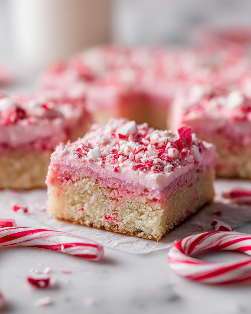 Frosted peppermint sugar cookie bars topped with candy canes, festive treat for holidays, easy baking recipe.