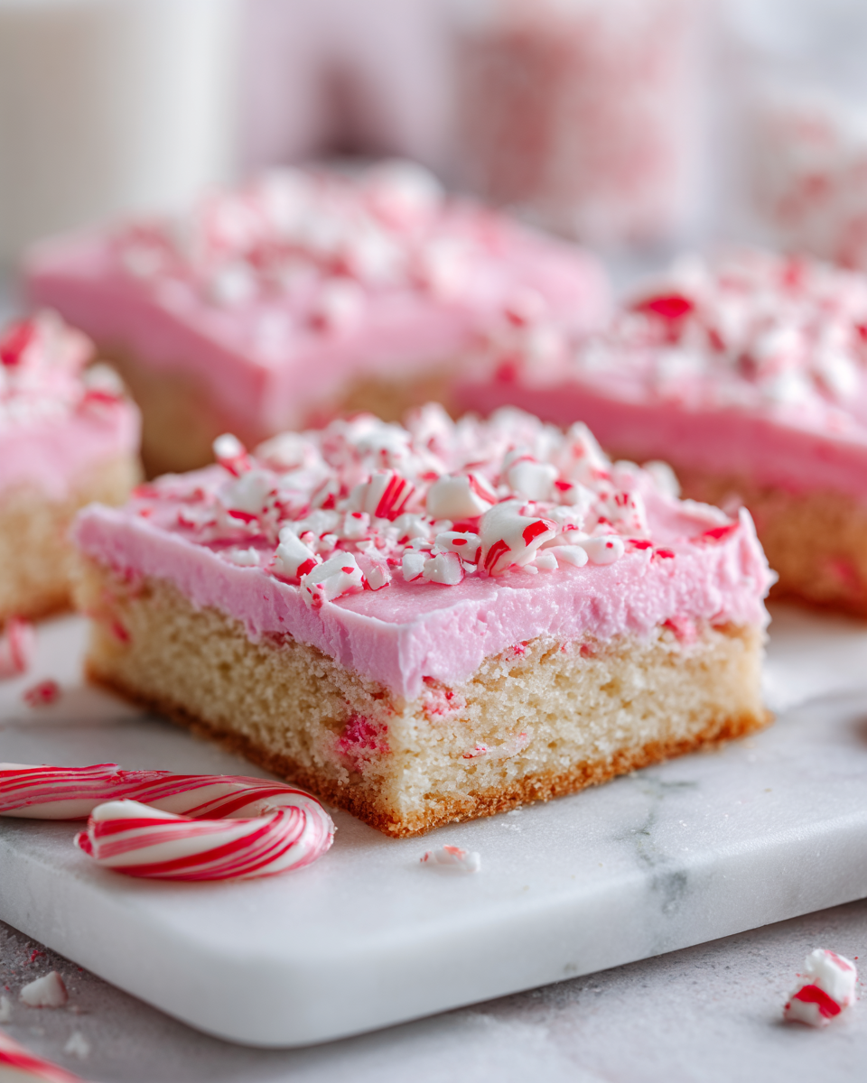 Frosted peppermint sugar cookie bars topped with candy canes, festive treat for holidays, easy baking recipe.