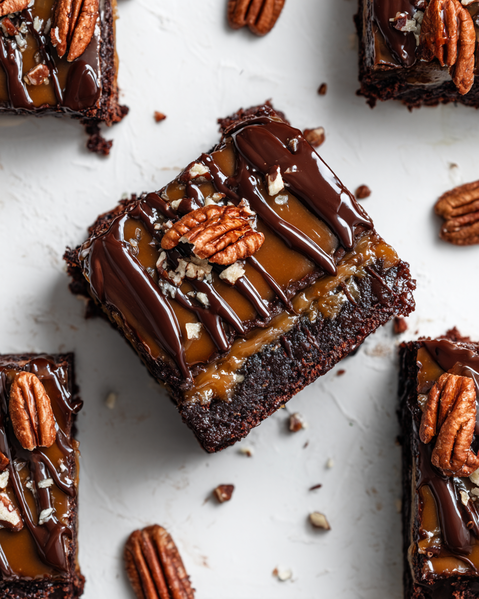Delicious frosted turtle brownies topped with caramel and pecans, perfect for holiday gatherings and warm baking experiences.