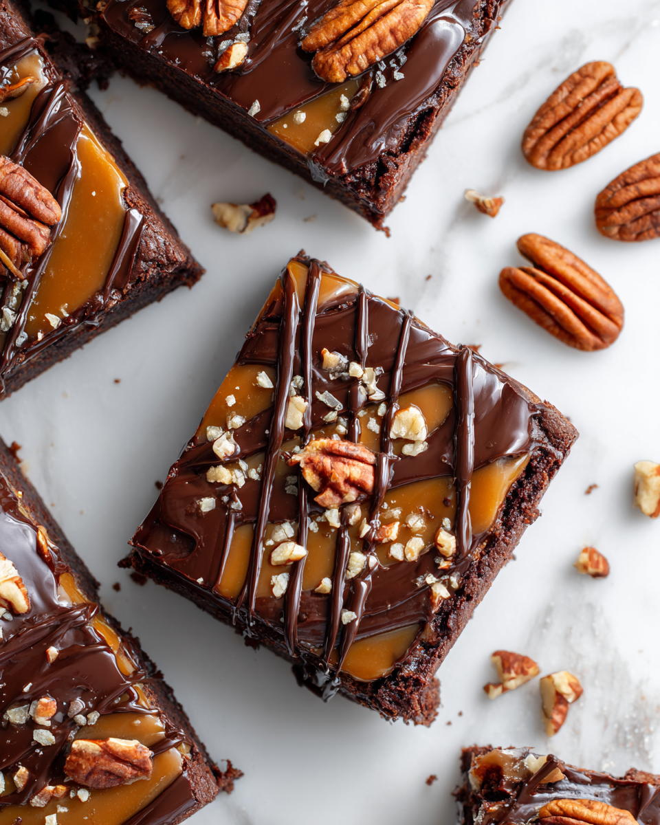 Delicious frosted turtle brownies topped with caramel and pecans, perfect for holiday gatherings and warm baking experiences.