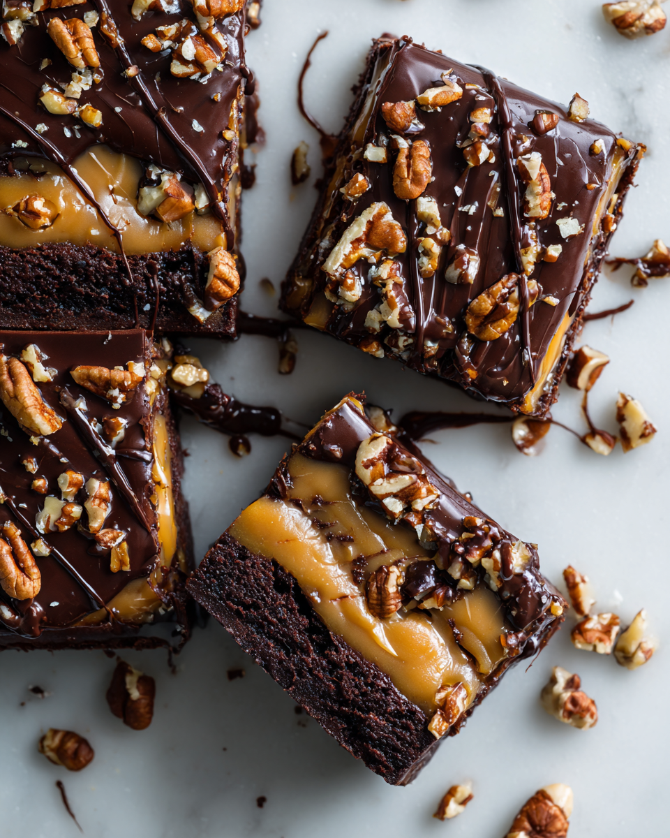 Delicious frosted turtle brownies topped with caramel and pecans, perfect for holiday gatherings and warm baking experiences.