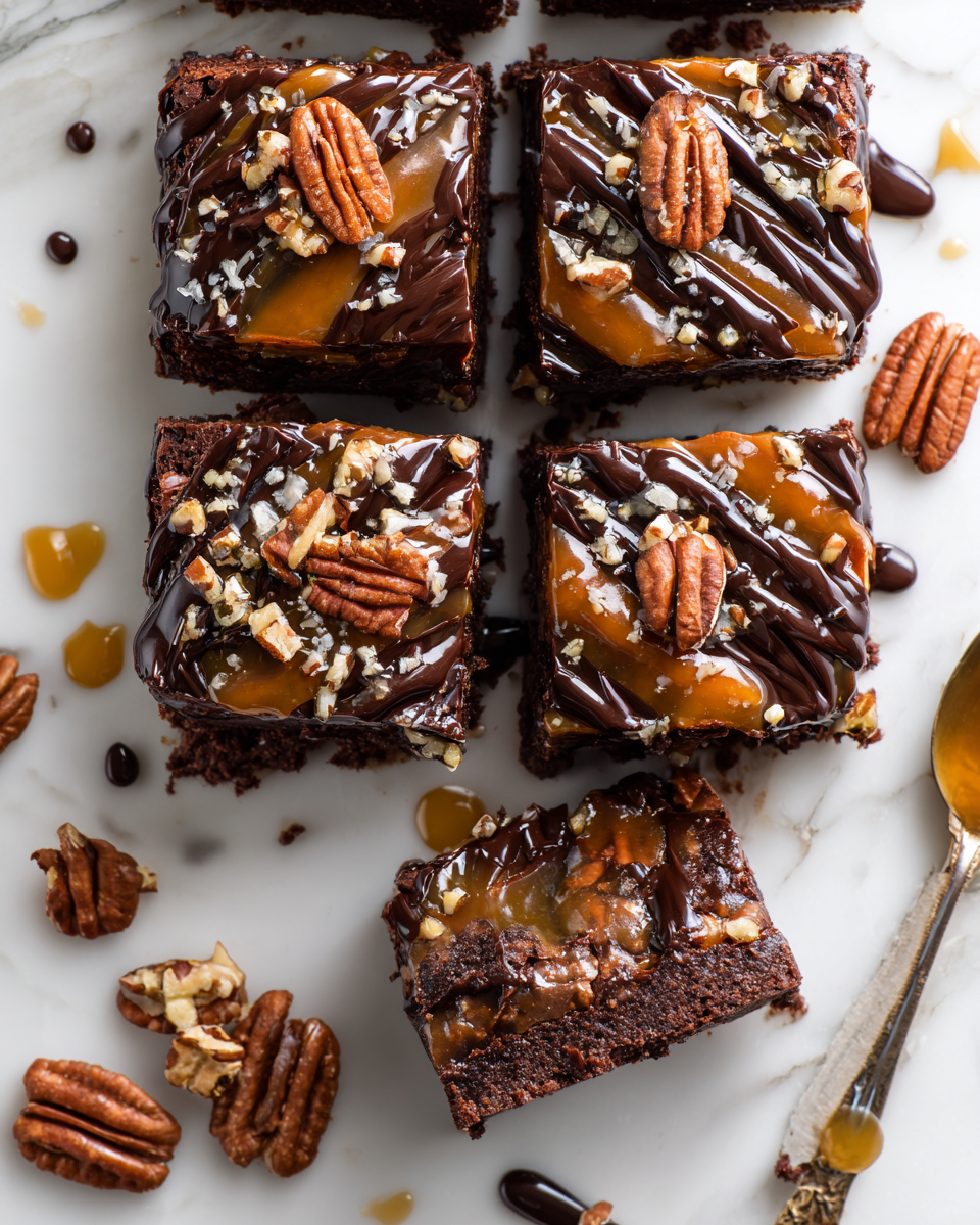 Delicious frosted turtle brownies topped with caramel and pecans, perfect for holiday gatherings and warm baking experiences.