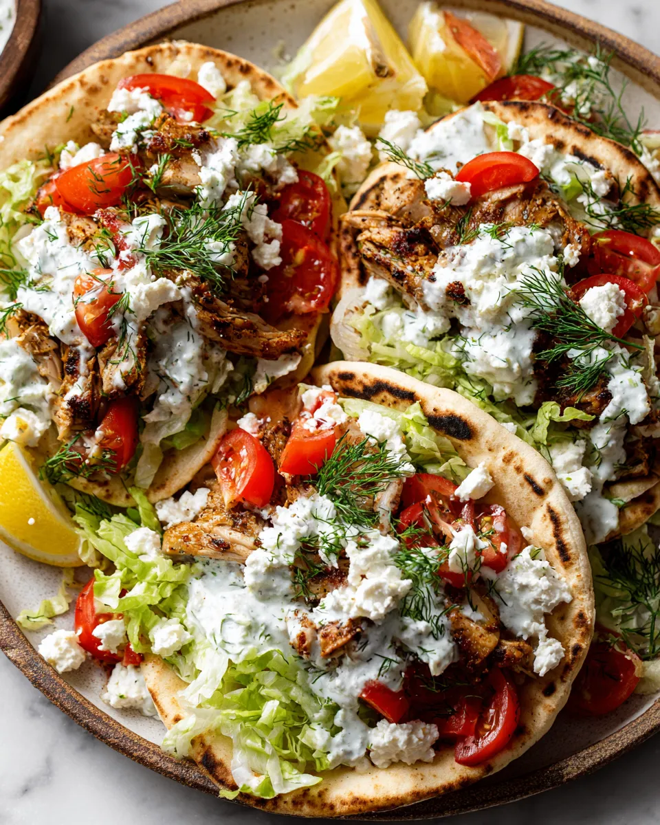 Slow cooker Greek chicken gyros with tzatziki sauce, served in warm pita, perfect for family meals, Mediterranean flavors, and holiday gatherings.