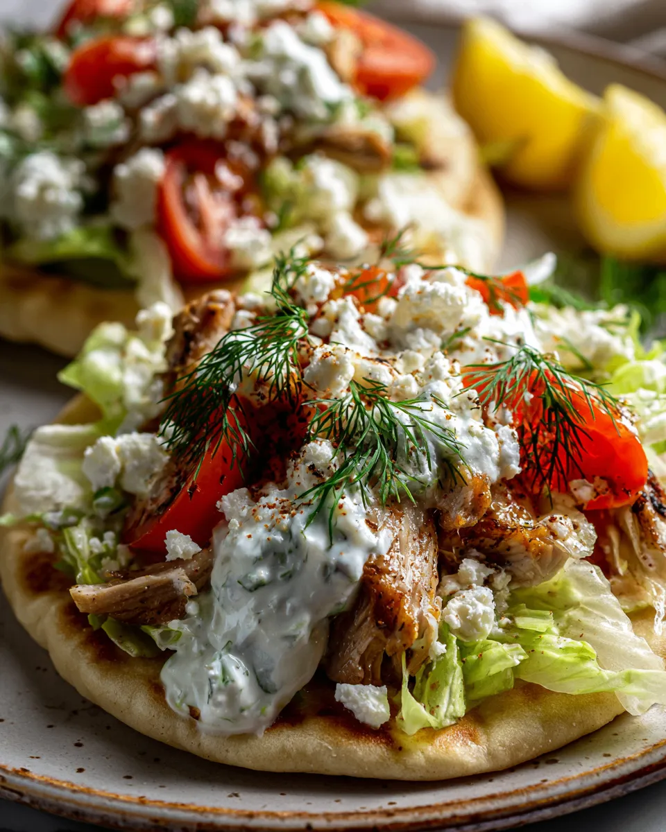 Slow cooker Greek chicken gyros with tzatziki sauce, served in warm pita, perfect for family meals, Mediterranean flavors, and holiday gatherings.