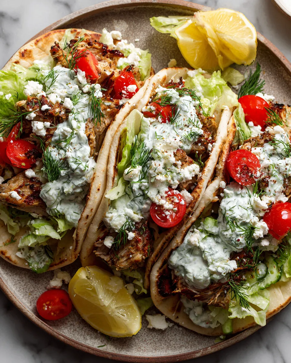 Slow cooker Greek chicken gyros with tzatziki sauce, served in warm pita, perfect for family meals, Mediterranean flavors, and holiday gatherings.