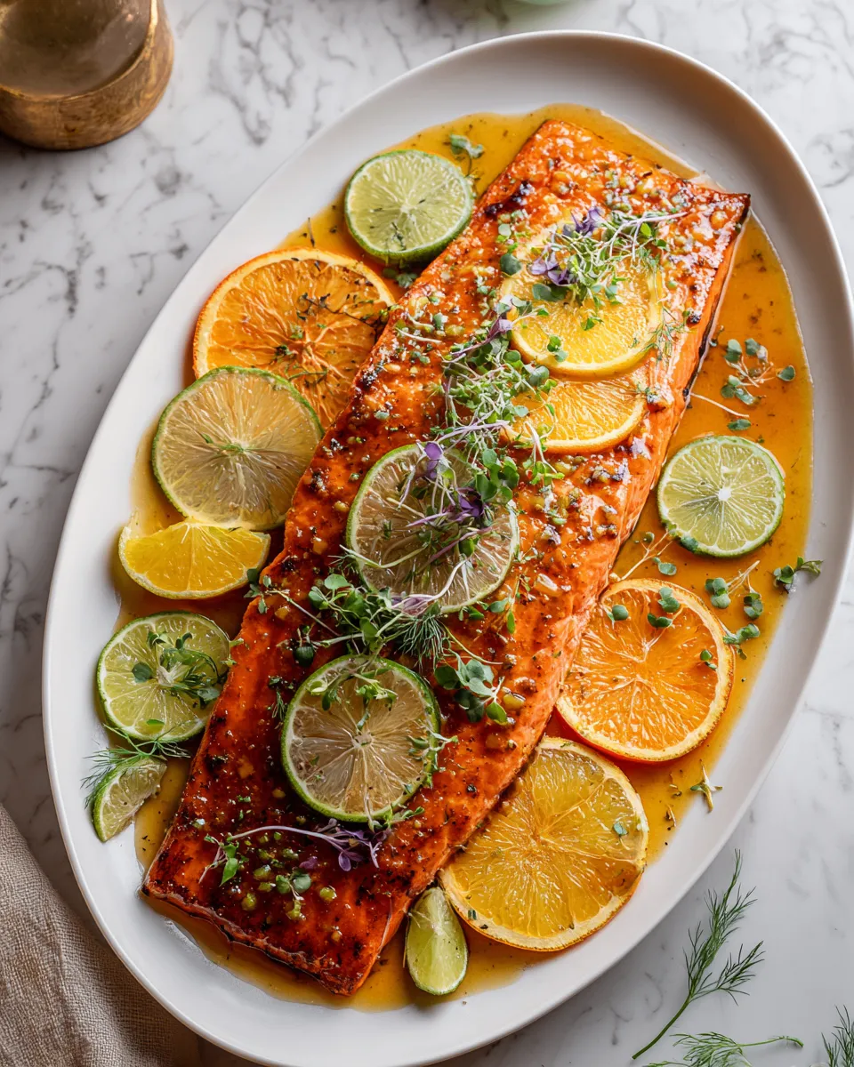 Grilled Triple Citrus Salmon garnished with fresh herbs, vibrant and flavorful, perfect for festive gatherings and healthy eating.
